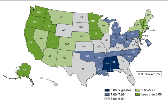 Figure 5 is a United States map showing infant mortality rates by state for 2010.