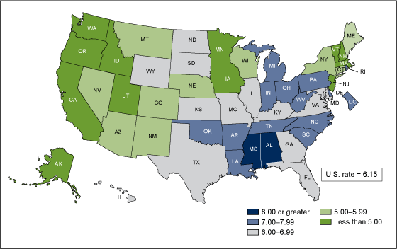 Figure 5 is a United States map showing infant mortality rates by state for 2010. 