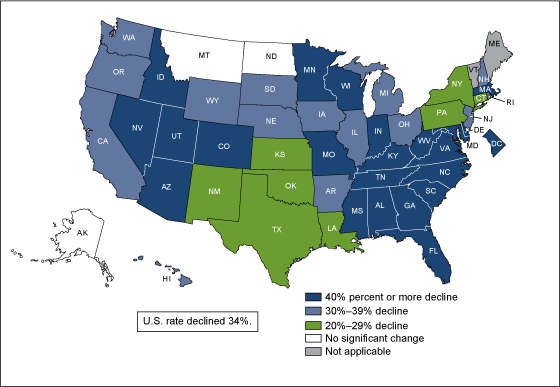 Figure 5 is a map showing the percent change in birth rates for Hispanic teenagers aged 15-19 by state from 2007 through 2011
