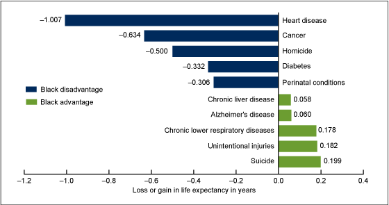 Figure 3 is a horizontal bar graph showing the leading causes of death that contribute to differences in life expectancy for all black persons for 2010