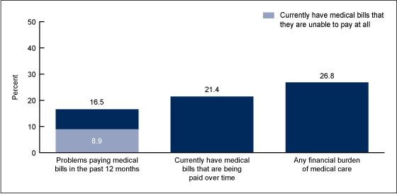 Figure 1 is a bar chart showing the percentage of families with selected financial burdens of medical care in 2012.