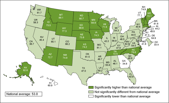 Figure 3 is a map showing the 2012 percentage of primary care physicians with physician assistants or nurse practitioners in their practice by state. 