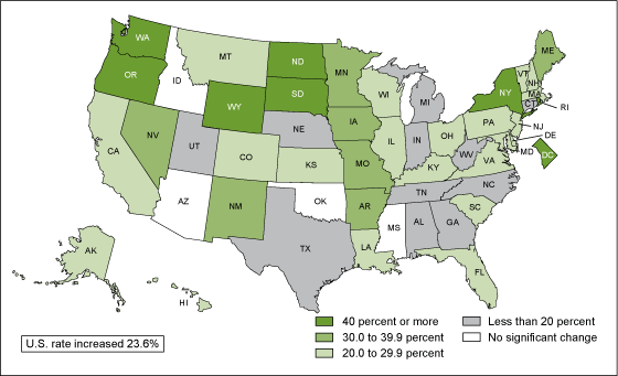 Figure 4 is a map showing the percent increase in first birth rates for women 35-39 by state for 2000 to 2012