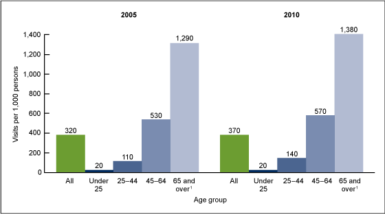 Figure 2 is a bar chart showing the rate of office-based physician visits by patients with diabetes by age for 2005 and 2010.
