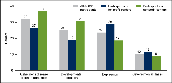 Figure 3 is a bar chart showing selected diagnosed medical conditions among adult day services center participants by center ownership in 2012.