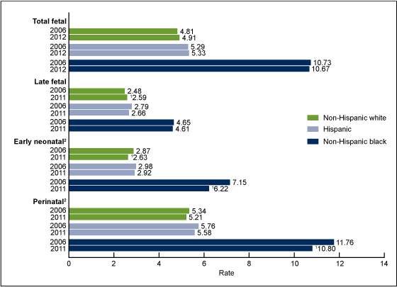 Figure 3 is a bar chart showing total fetal, late fetal, early neonatal, and perinatal mortality rates by race and Hispanic origin of mother for 2006, 2011, and 2012. 