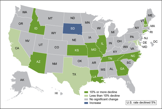 Figure 4 is a United States map showing the percent change in perinatal mortality rate by state between 2005 through 2006 and 2010 through 2011.