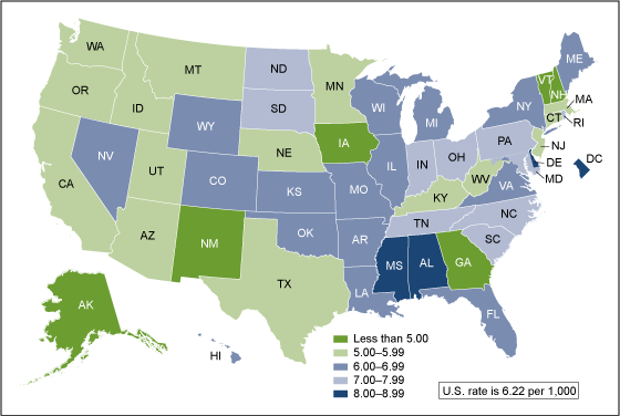 Figure 5 is a United States map showing the perinatal mortality rate by state from 2010 through 2011.