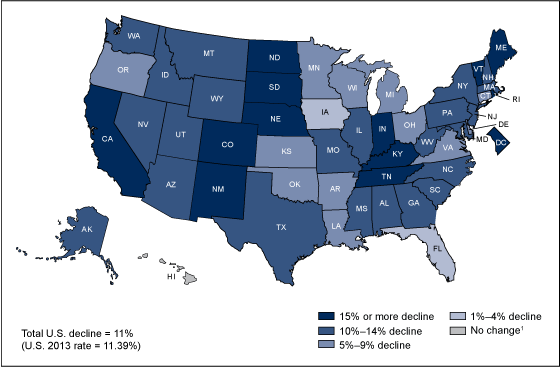 Figure 4 is a map of the United States showing the percent decline in preterm birth rates for each state and the District of Columbia from 2006 through 2013.
