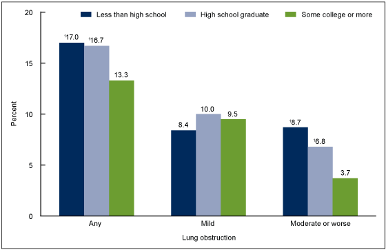 Figure 4 is a bar chart showing by education and severity the percentage of adults aged 40 to 79 with lung obstruction for 2007 through 2012