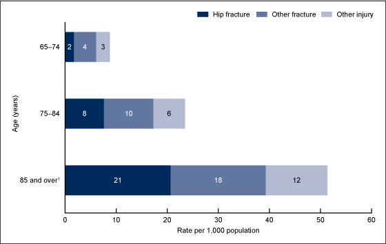 Figure 3 is a horizontal bar chart showing hospitalization rates by age for hip fractures, other fractures, and other injuries for 2010