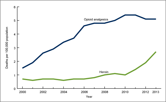 Figure 1 is a line graph showing age-adjusted rates for drug poisoning deaths involving opioid analgesics or heroin from 2000 through 2013. 