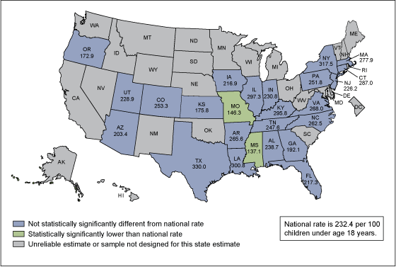 Figure 2 is a map showing the 2012 rate of physician office visits for children under age 18 for the 25 states with reliable estimates.