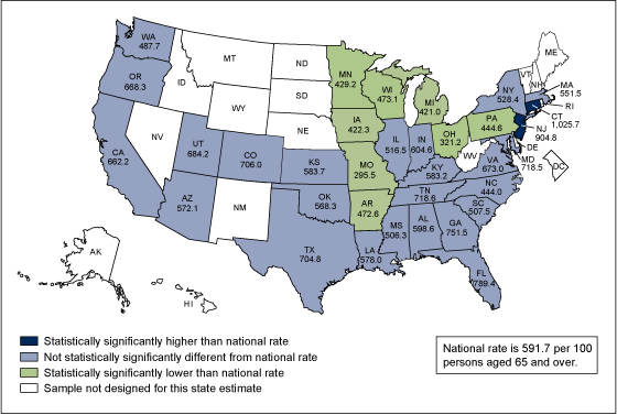Figure 4 is a map showing the 2012 rate of physician office visits for adults aged 65 and over for the 34 most populous states.