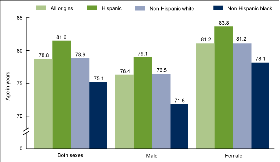 Figure 1 is a bar chart showing life expectancy at birth by Hispanic origin, race, and sex in the United States in 2013.