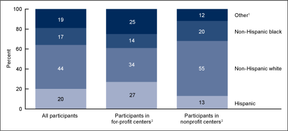 Figure 1 is a bar chart showing the percent distribution of race and ethnicity among adult day services center participants, by center ownership, for 2014.