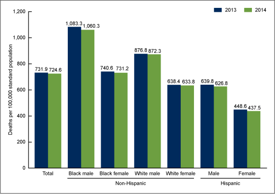 Figure 2 is a bar graph showing age-adjusted death rates by race and Hispanic origin and sex for 2013 and 2014.