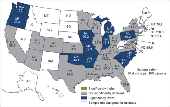Figure 2 is a U.S. map showing the rate of preventive care visits per 100 persons by state for the 34 jurisdictions with reliable estimates for 2012.