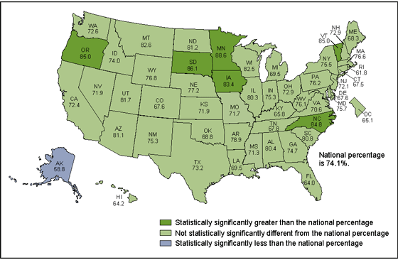 Figure 2 is a map of the United States showing the percentages of office-based physicians in each state who have a certified electronic health record system for 2014.
