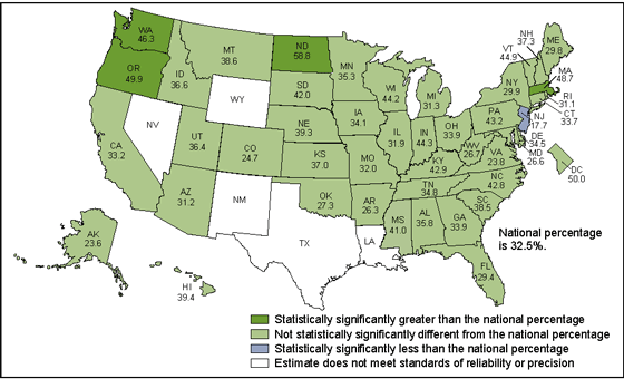 Figure 4 is a map of the United States showing the percentages of office-based physicians in each state with a certified electronic health record system who shared patient health information electronically with external providers or unaffiliated hospitals for 2014.