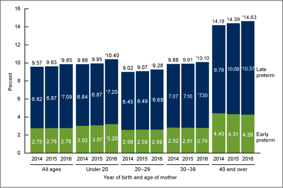 Figure 3 is a bar chart showing preterm birth rates by age of mother in the United States for 2014, 2015, through 2016.