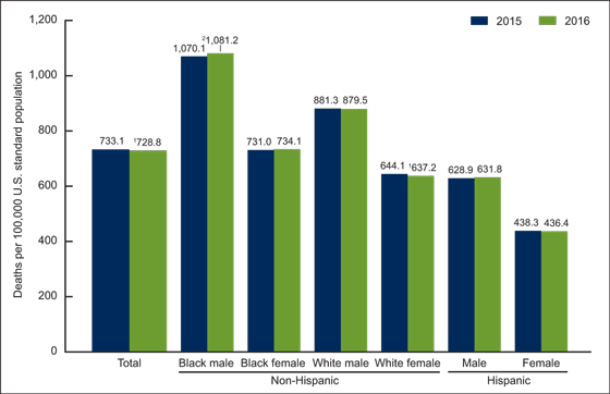 Figure 2 is a bar graph showing age-adjusted death rates by race, Hispanic origin, and sex in the United States in 2015 and 2016.