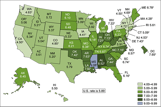 Figure 1 is a map of the United States showing infant mortality rates for combined years 2013 through 2015.