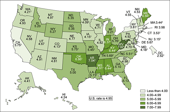 Figure 2 is a map of the United States showing mortality rates for infants of non-Hispanic white women for combined years 2013 through 2015.