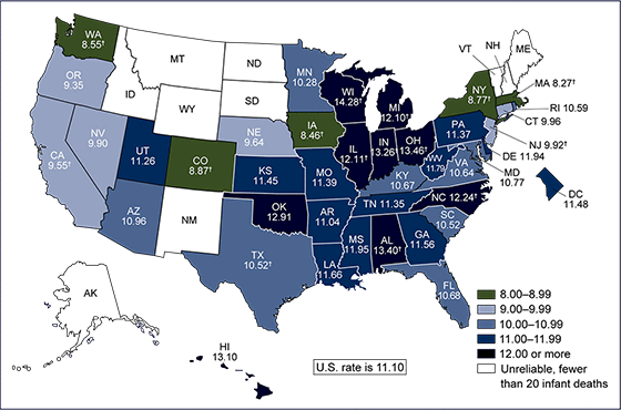 Figure 3 is a map of the United States showing mortality rates for infants of non-Hispanic black women for combined years 2013 through 2015.