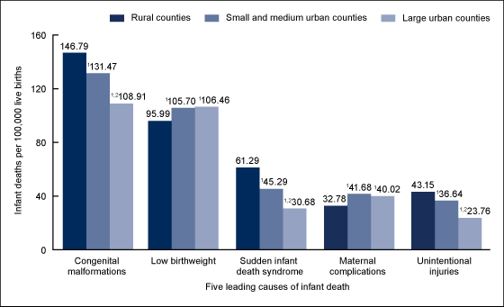 Figure 2 is a bar chart showing the infant mortality rates in rural, small and medium urban, and large urban counties for the five leading causes of infant death for combined years 2013 through 2015.
