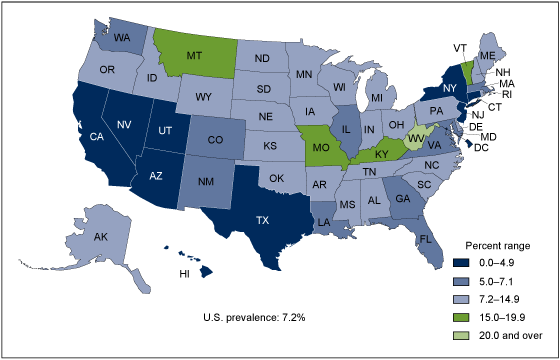 Figure 1 is a map showing the prevalence of cigarette smoking during pregnancy for each state and District of Columbia for 2016 compared with the national prevalence.