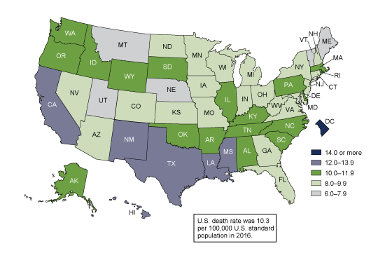 Figure 4 is a United States map showing age-adjusted liver cancer death rates for adults aged 25 and over by state for 2016.