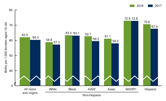 Figure 1 is a bar chart showing the general fertility rate by race and Hispanic origin in the United States from 2016 and 2017.