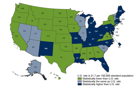 Figure 3 is a map showing age-adjusted rates drug overdose death rates by state in 2017.