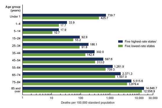 Figure 2 is a bar chart showing the average death rates for the five states with the highest rates and the five states with the lowest rates, by age group: United States, 2017.