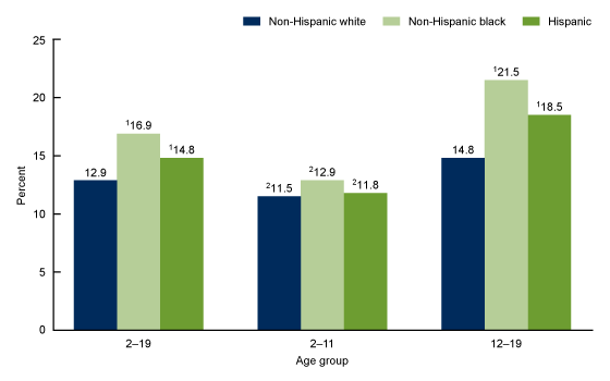 Figure 3 is a bar graph showing the mean percentage of calories from fast food on a given day, among children and adolescents aged 2 to 19 years, by race and Hispanic origin and age in the United States using NHANES data from 2015 to 2018.