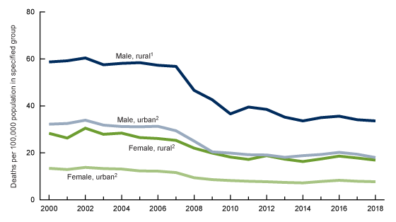 Figure 2 is a line chart showing motor vehicle traffic death rates among persons aged 15 through 24 by sex and urban-rural classification for the United States for the time period 2000 through 2018. 