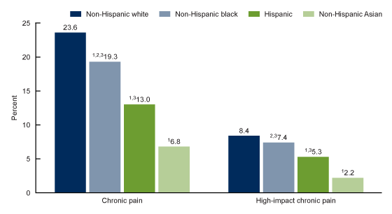 Figure 3 is a bar chart showing the percentage of adults with chronic pain and high-impact chronic pain in the past 3 months by race and Hispanic origin in 2019.