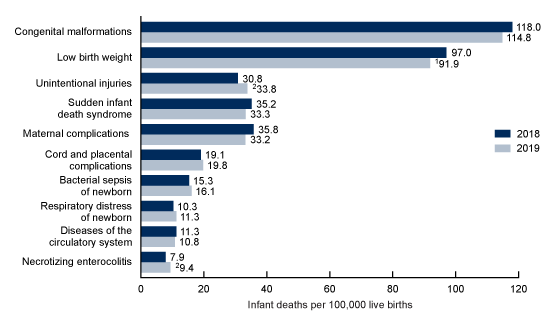 Figure 5 is a bar graph showing the infant mortality rates for the 10 leading causes of infant death in the United States in 2018 and 2019.