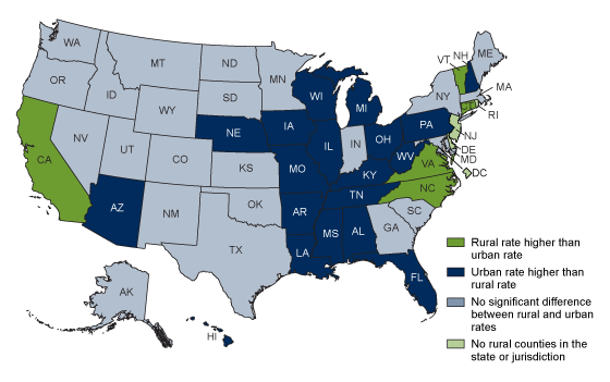 Figure 2 is a map of the United States showing urban-rural differences in age-adjusted rates of drug overdose deaths by jurisdiction of residence in 2019