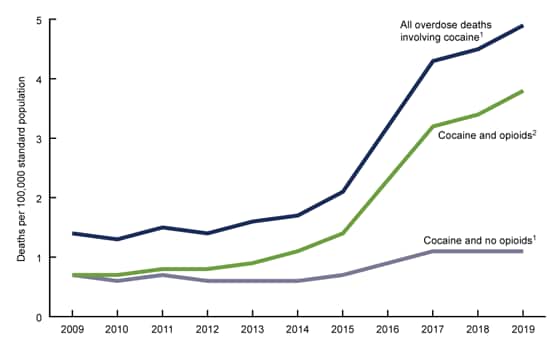 Figure 1 is a line graph showing the age-adjusted rates of overdose deaths involving cocaine, by concurrent involvement of opioids: United States, 2009–2019. 