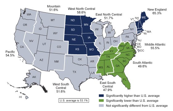 Figure 4 is a map that shows the percentage of children aged 6 months to 17 years who had an influenza vaccination in the past 12 months by region in 2019.
