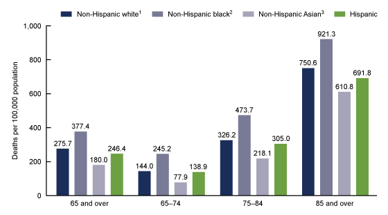 Figure 3 is a bar chart that shows death rates for sepsis-related mortality in 2019 for non-Hispanic white persons, non-Hispanic black persons, non-Hispanic Asian persons, and Hispanic persons for age groups 65 and over, 65 to 74, 75 to 84, and 85 and over. 