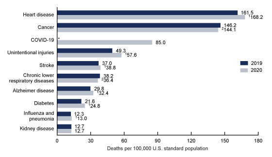 Figure 4 is a horizontal bar graph showing the age-adjusted death rates for the 10 leading causes of death in the United States 2020. It compares 2019 rates for the same causes.