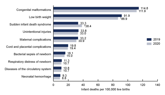 Figure 5 is a horizontal bar graph showing the death rates for the 10 leading causes of infant death in the United States in 2019 and 2020.