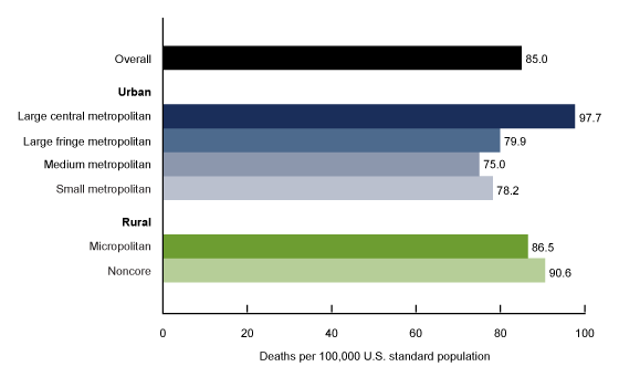 Figure 1 is a bar chart showing age-adjusted COVID-19 death rates by urbanicity of county of residence in the United States in 2020.