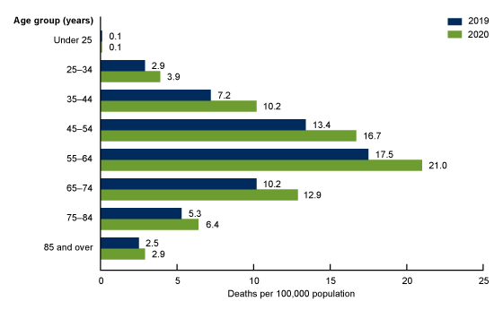 Figure 3 is a bar chart showing rates of alcohol-induced deaths among females, by age group for 2019 and 2020.