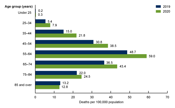 Figure 4 is a bar chart showing rates of alcohol-induced deaths among males, by age group for 2019 and 2020.