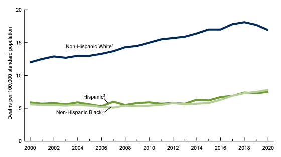 Figure 1 is a line chart showing age-adjusted suicide death rates for non-Hispanic White, non-Hispanic Black, and Hispanic people in the United States from 2000 through 2020. 