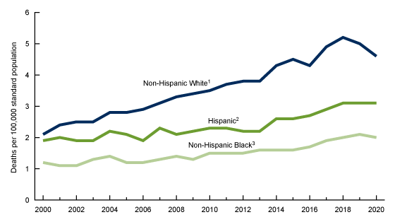 Figure 3 is a line chart showing age-adjusted suffocation suicide death rates for non-Hispanic White, non-Hispanic Black, and Hispanic people in the United States from 2000 through 2020. 